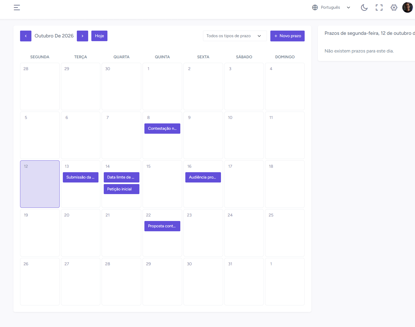 Calendário de prazos Lex365 com eventos por dia e filtro por tipo de prazo
