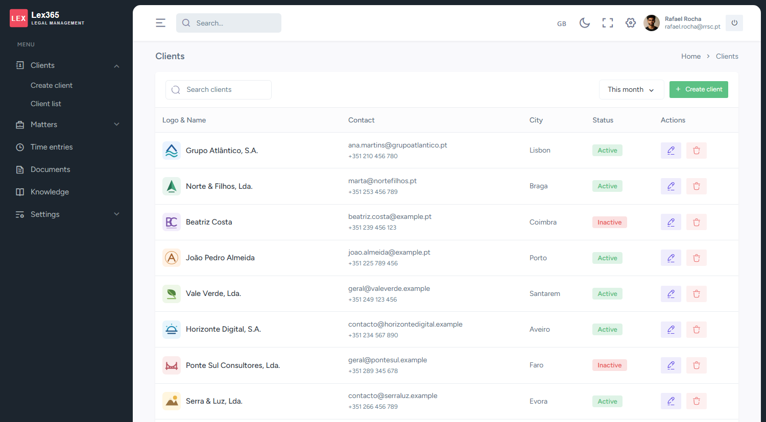 Lex365 client list with search, contact details, status and actions