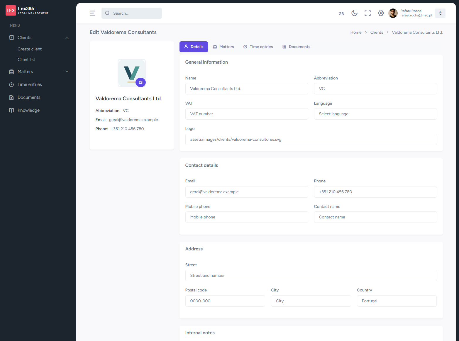 Lex365 client record with general information, contact details and address