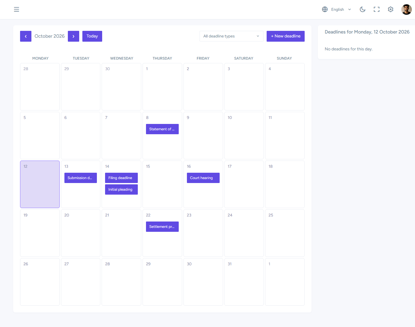 Lex365 deadline calendar with daily events and deadline type filter