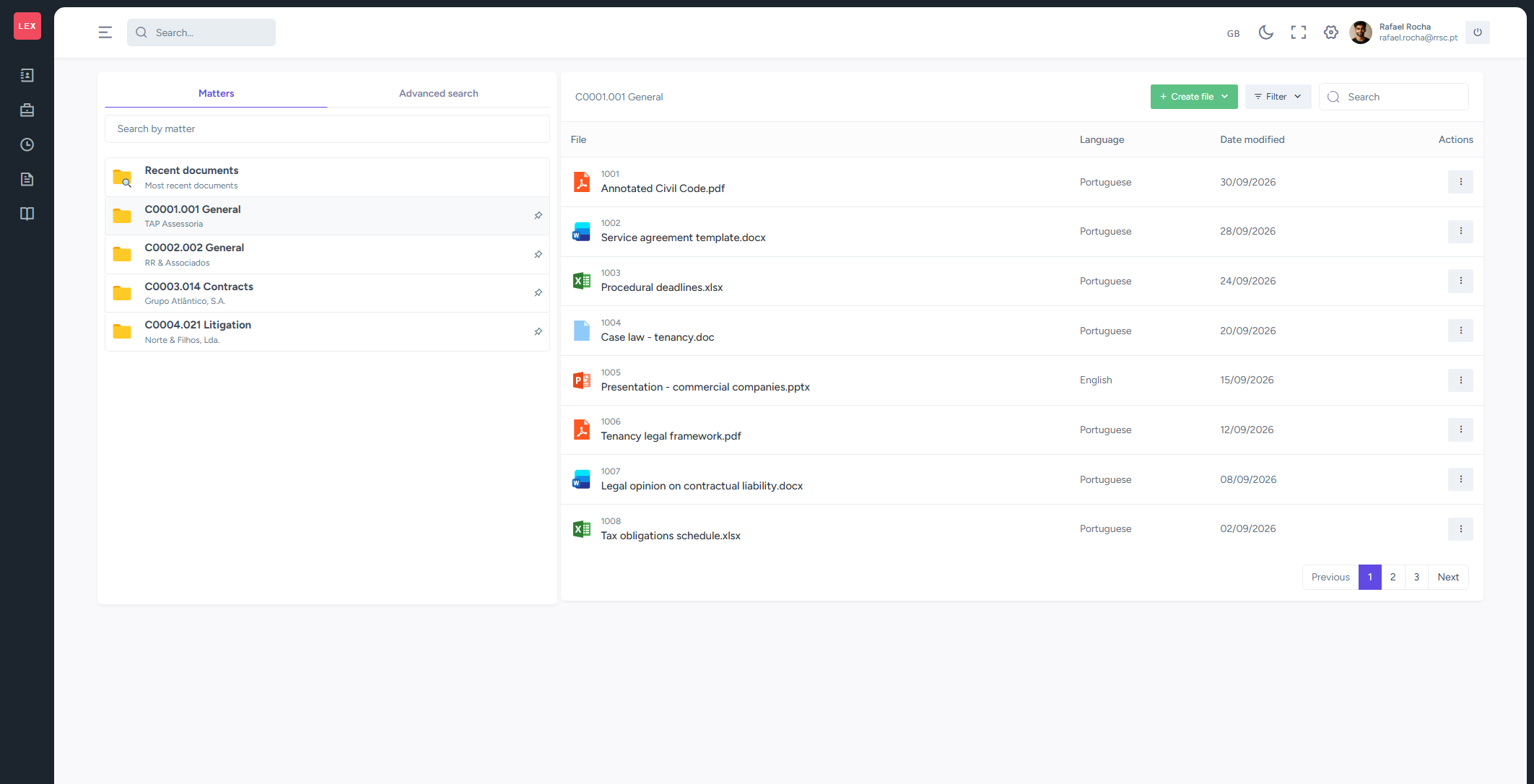 Lex365 document and knowledge management with matter folders, search and documents