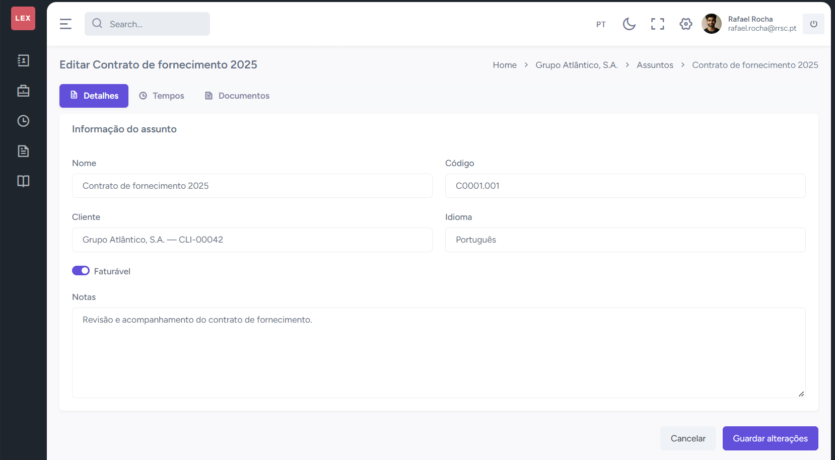 Dossier de assunto Lex365 com detalhes, tempos e documentos