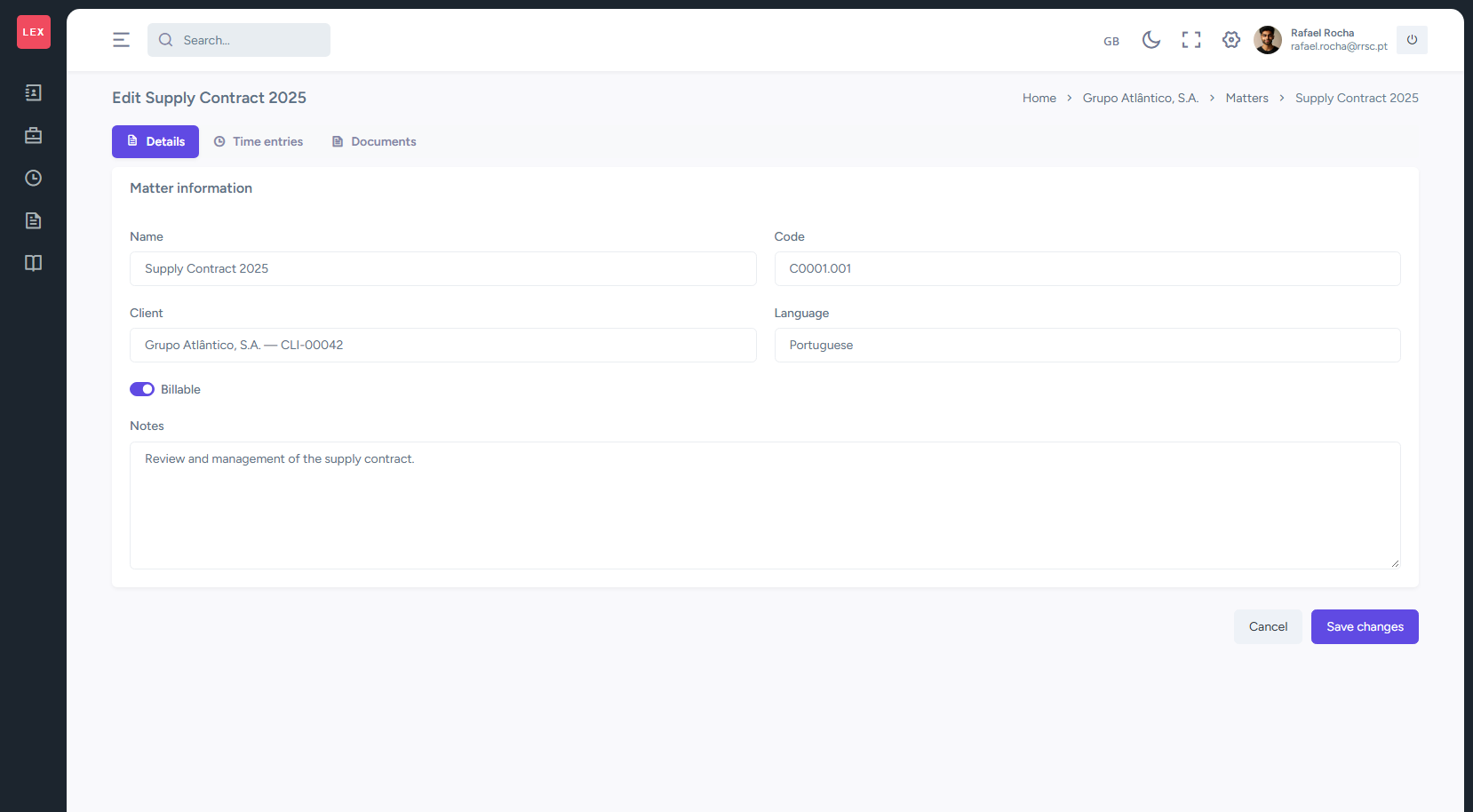 Lex365 matter file with details, time entries and documents