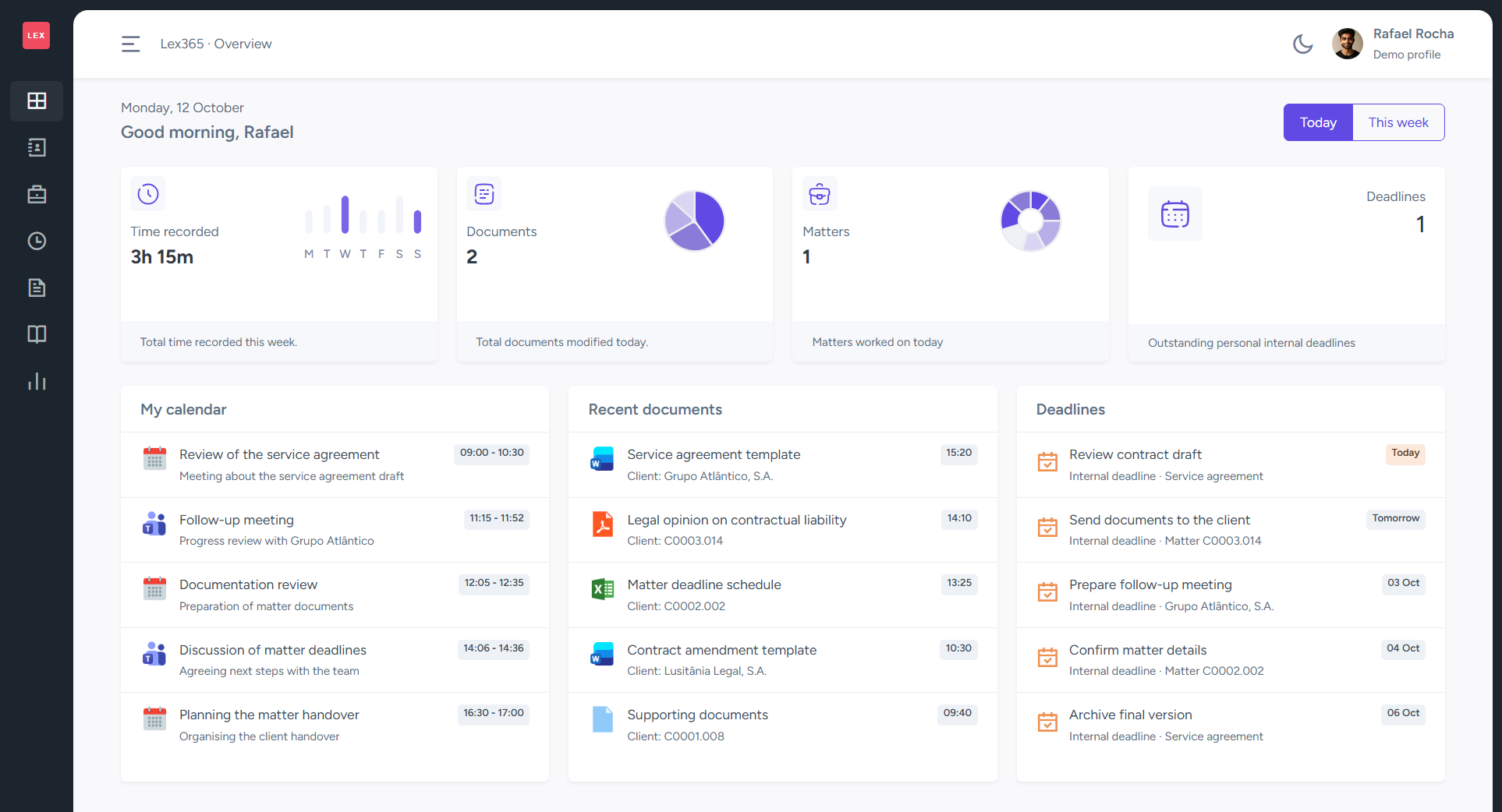Lex365 overview with recorded time, documents, matters, calendar and deadlines