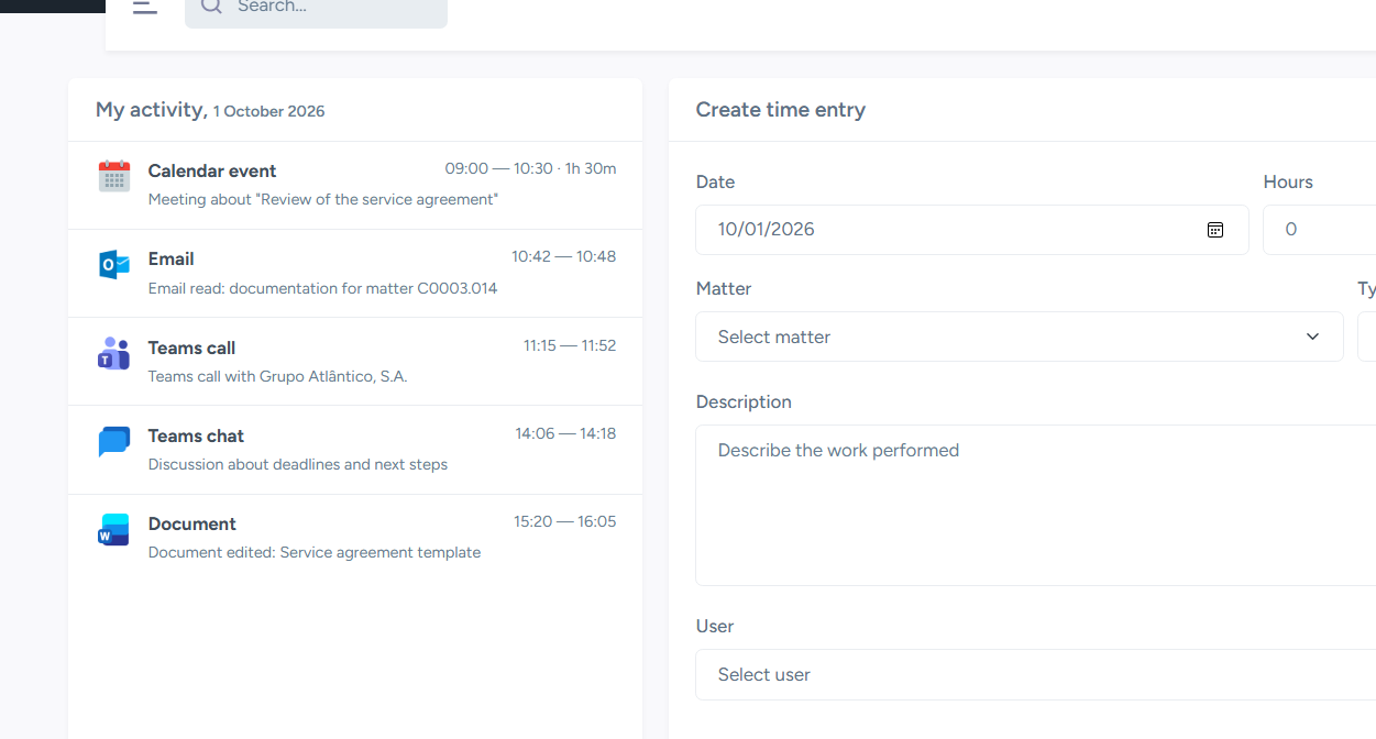 Daily lawyer activity and time recording form in Lex365