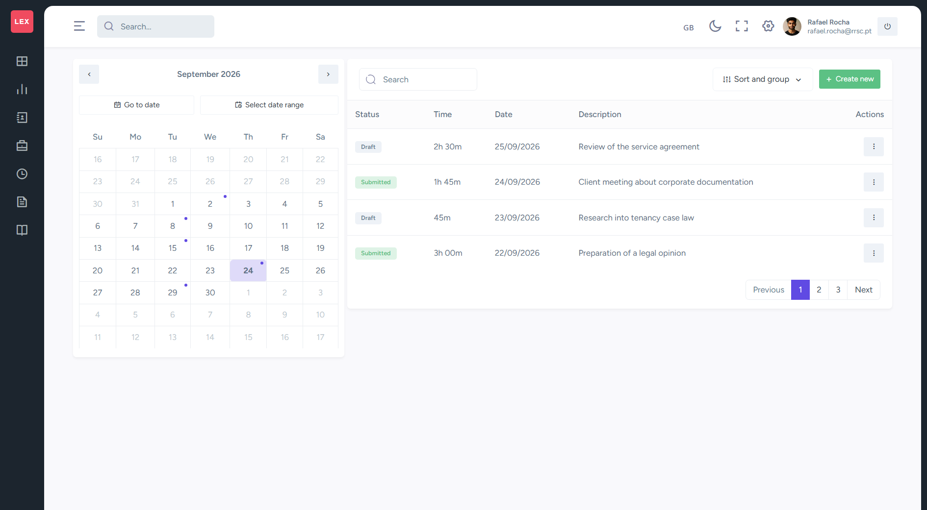Lex365 time management with calendar, duration, status and work descriptions